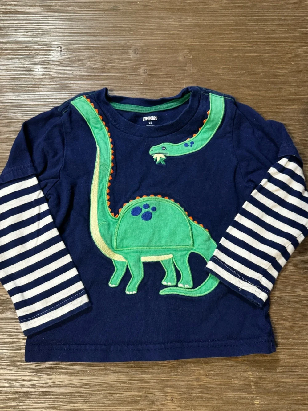 Gymboree Navy Long-Sleeve Shirt with Green Dino Applique and Striped Sleeves